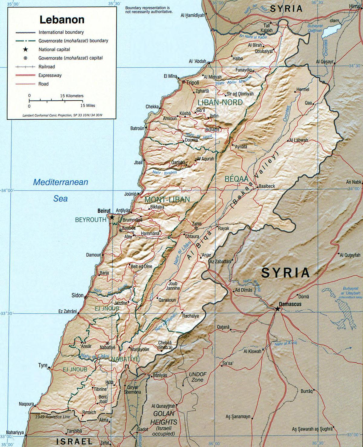 карта Ливана географии