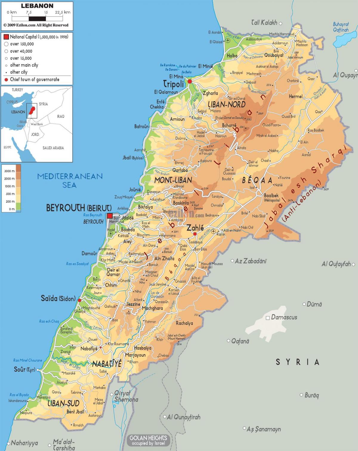 карта Ливана физической